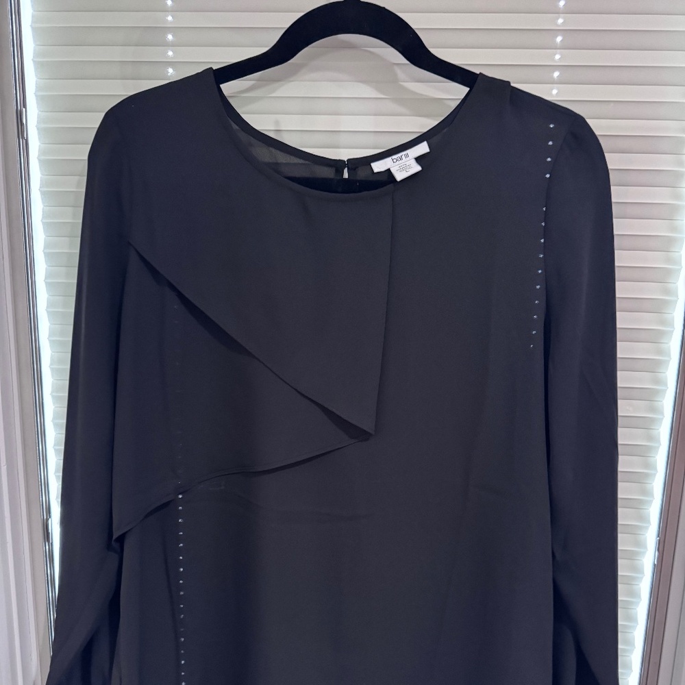 Bar III Black Chiffon Blouse L | Asymmetrical Layered Front Dressy Long Sleeve T